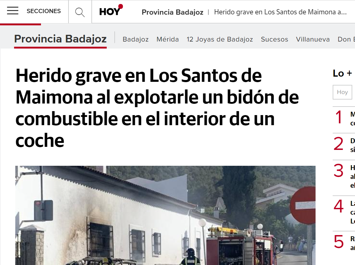 Herido grave en Los Santos de Maimona al explotarle un bidón de combustible en el interior de un coche